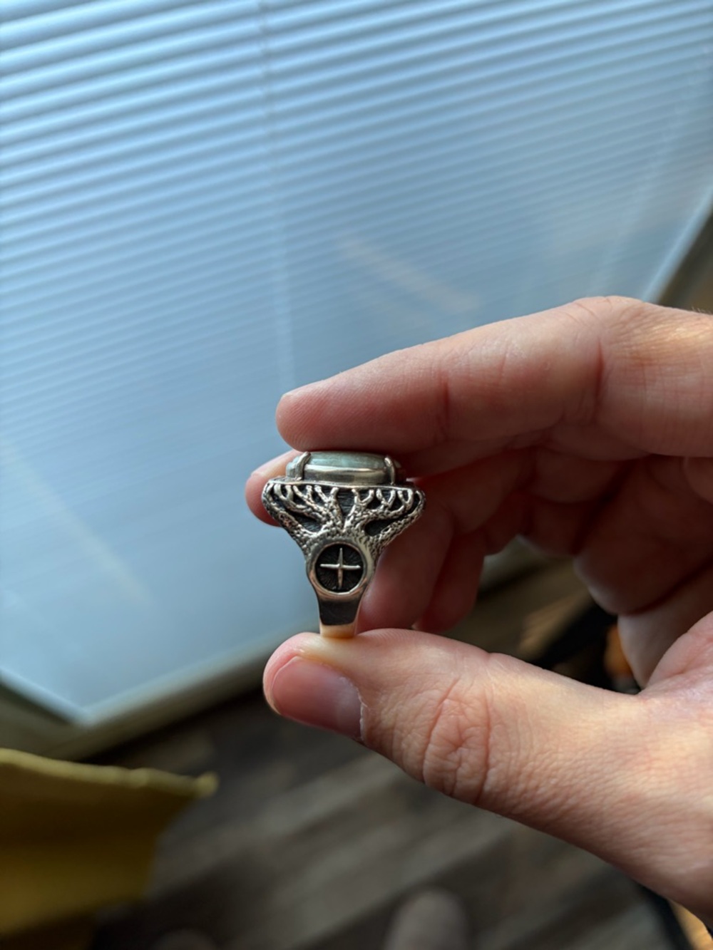 Sterling-Style Men’s Silver Ring with White Marbled Stone - Picture 2 of 5